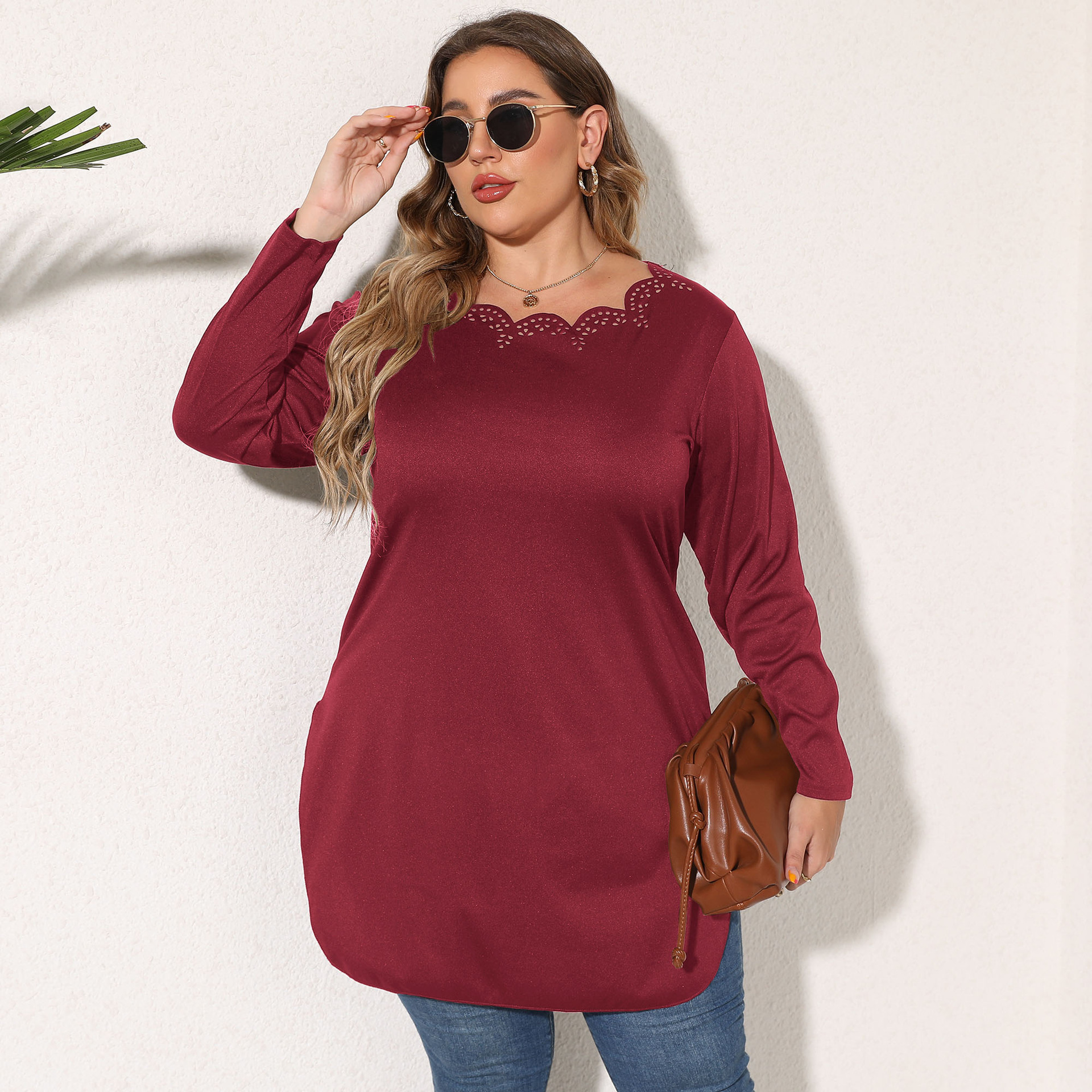 Women's Midi Burnout Hollow-Out Split Long-Sleeve T-Shirt
