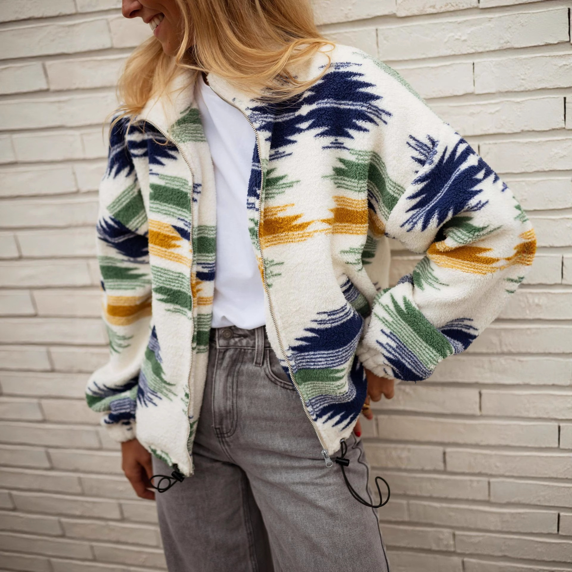 Printed Fleece Zip-Up Jacket Hoodie Winter Coat