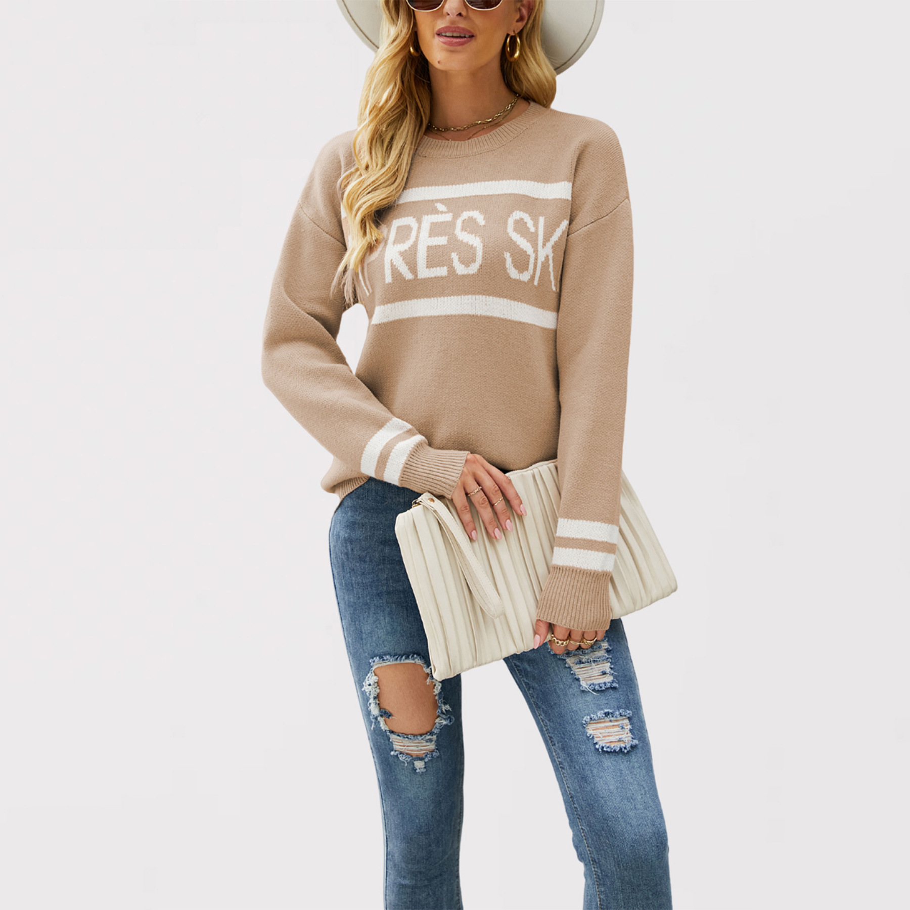 Letter Jacquard Crewneck Knit Sweater