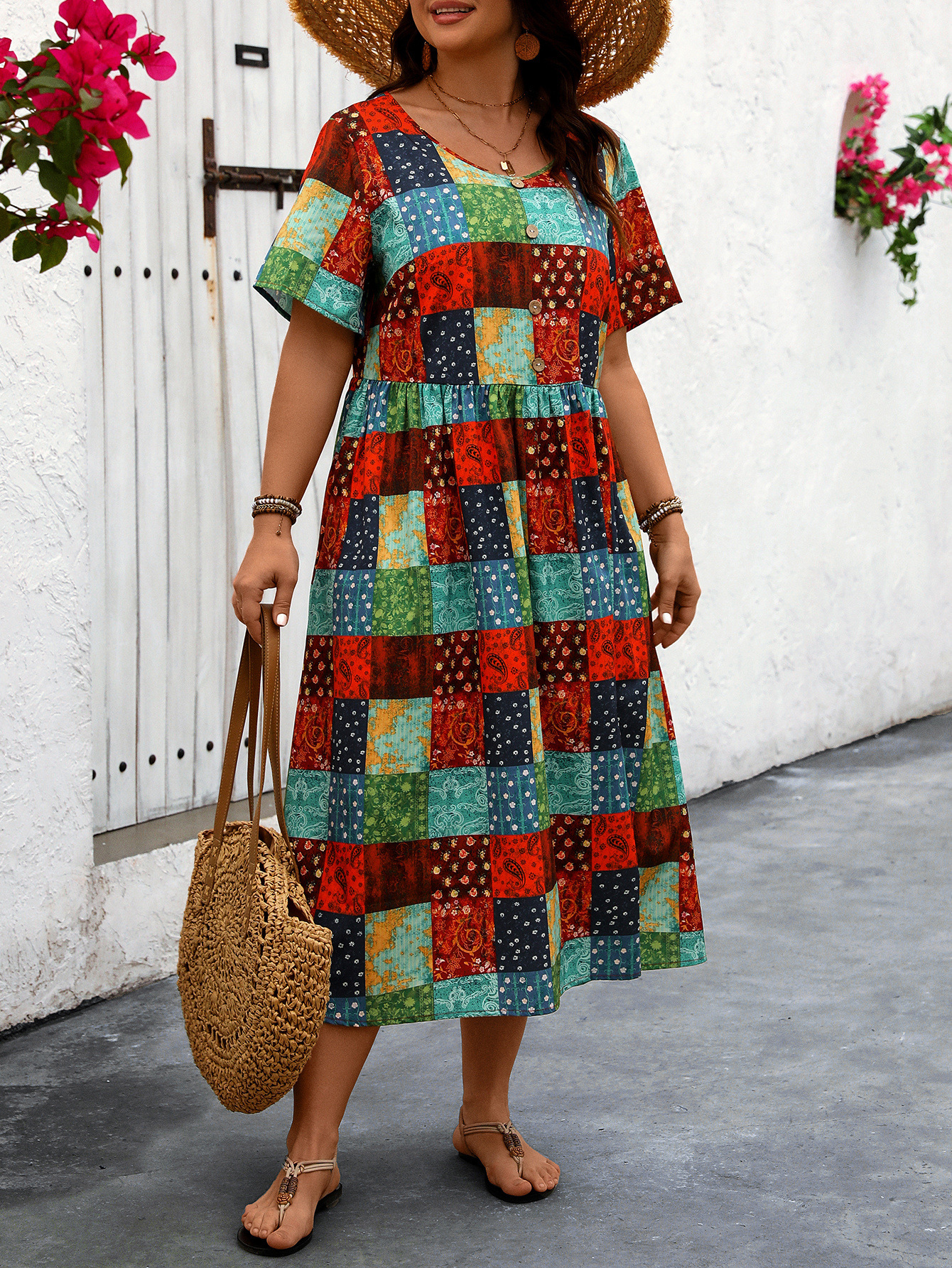 Women's Summer Floral Print Long Dress Round Neck Loose Plus Size