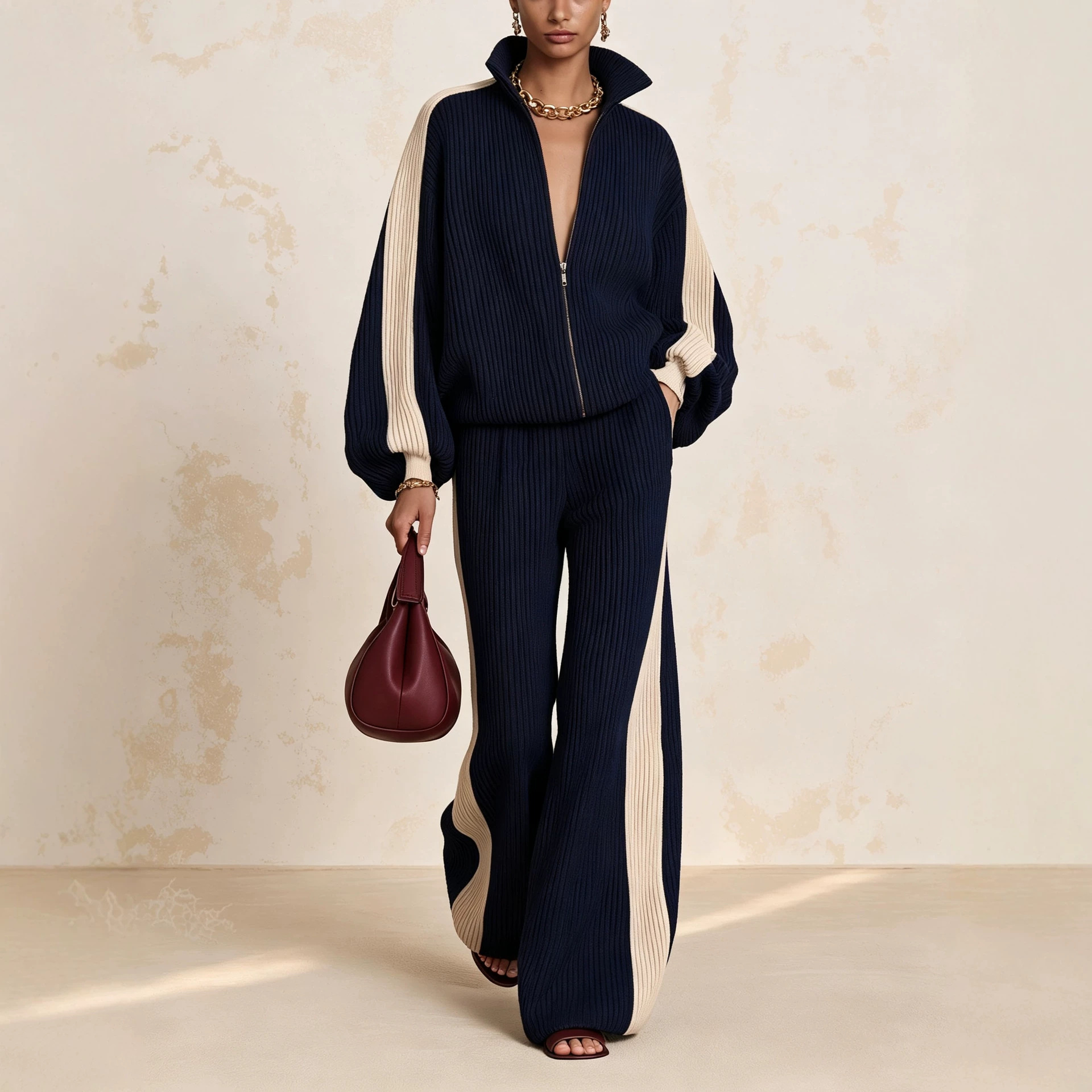 Corduroy Color-Block Knit Two-Piece Set with Wide-Leg Pants