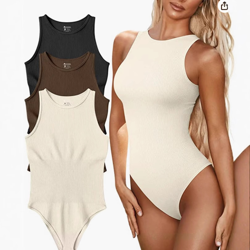 Women's Sleeveless Ribbed Bodysuit One-Piece Swimsuit