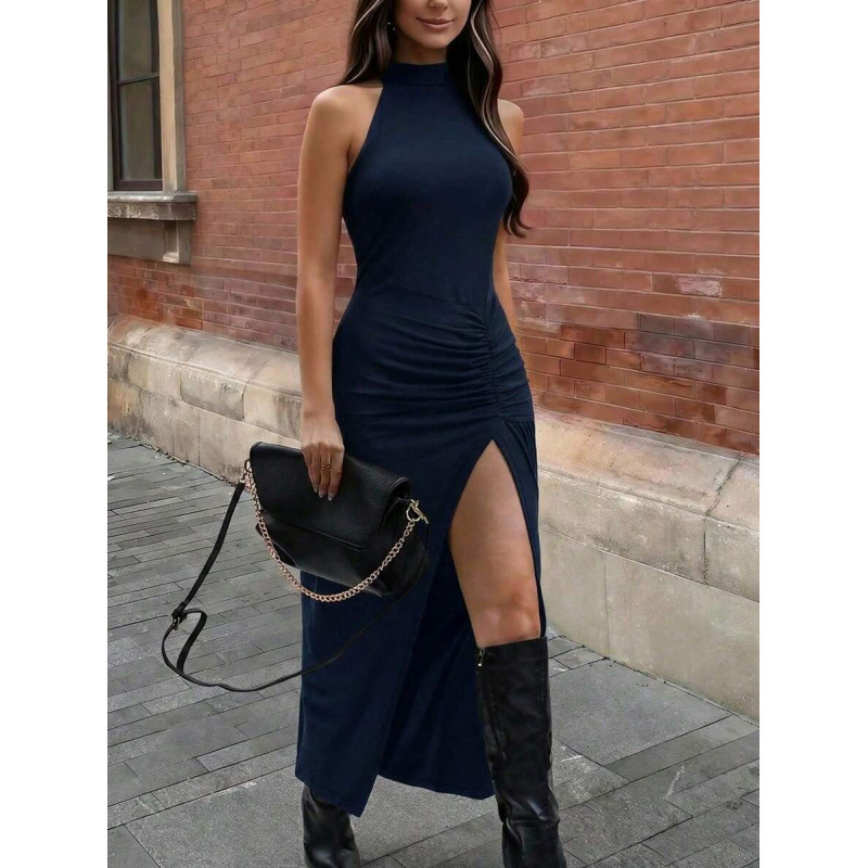 Sleeveless Bodycon Midi Dress with Slit and Ruched Details
