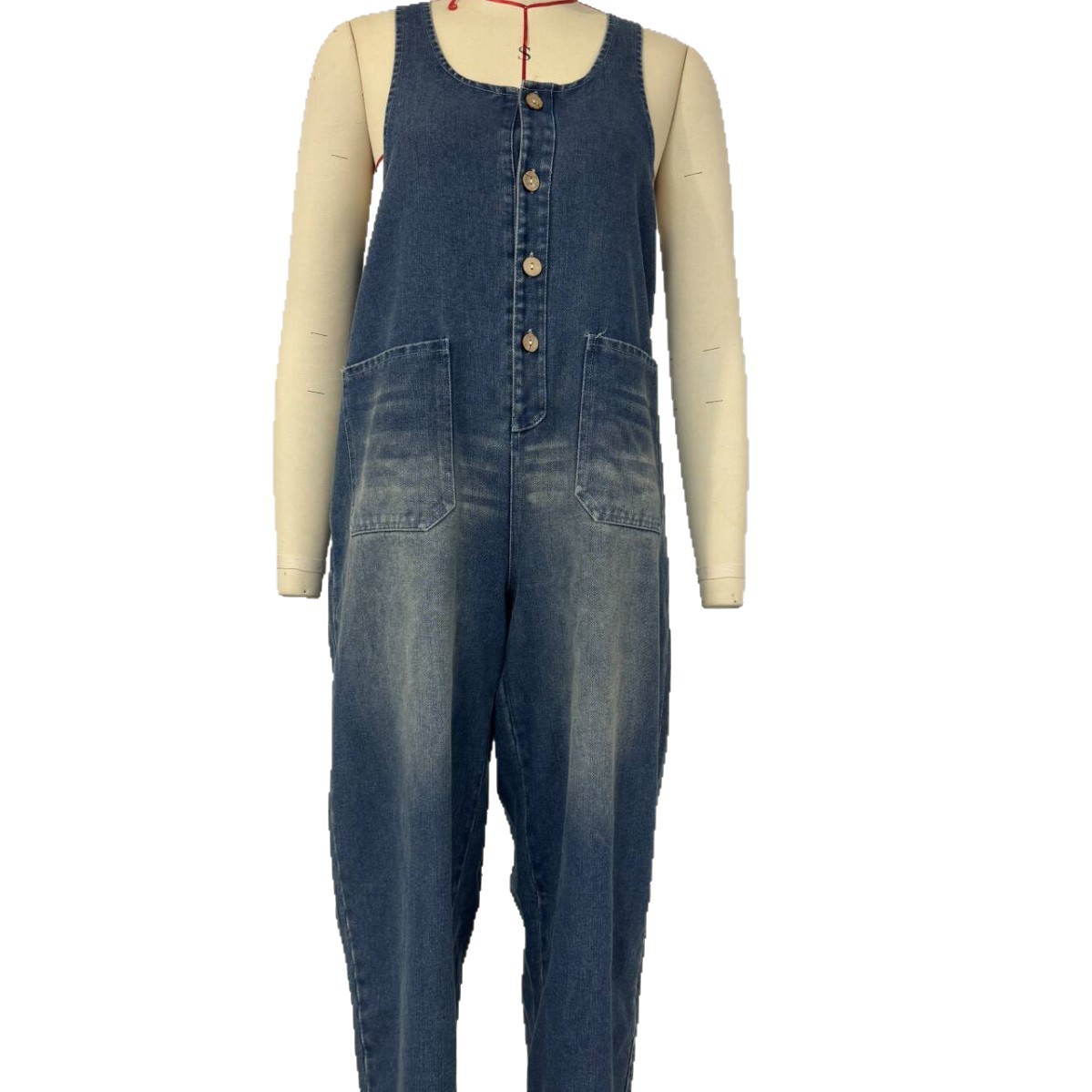 Women's Sleeveless Wide-Leg Denim Overalls with Pockets