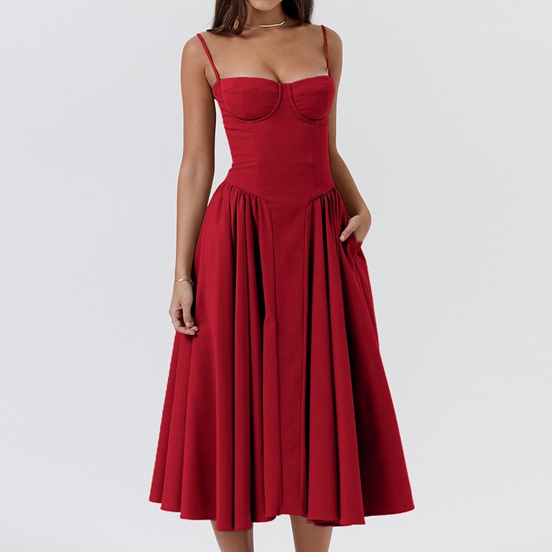 Women's Strapless Bodycon Midi Dress Sleeveless High Waist Solid Color