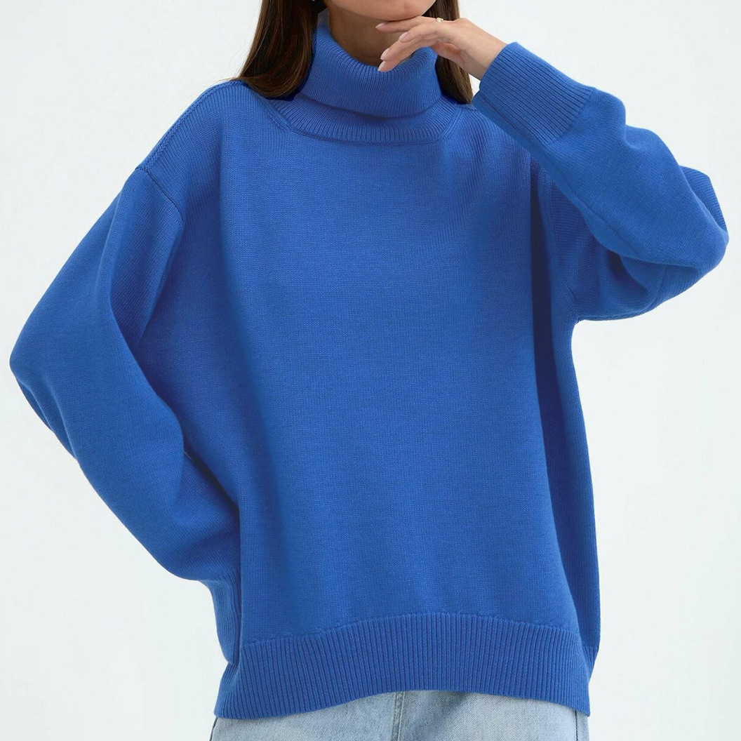Solid Turtleneck Sweater Loose Knit Pullover