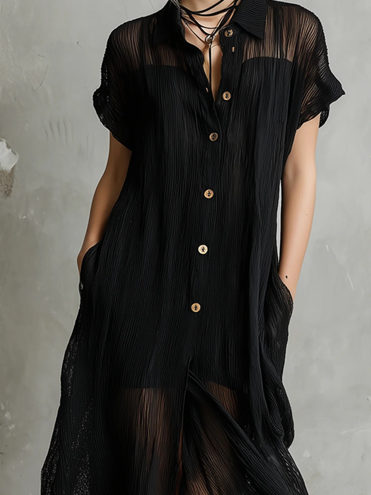 Sheer Plisse Collared Button-Front Short-Sleeve Long Shirt Dress with Asymmetric Hem and Slit