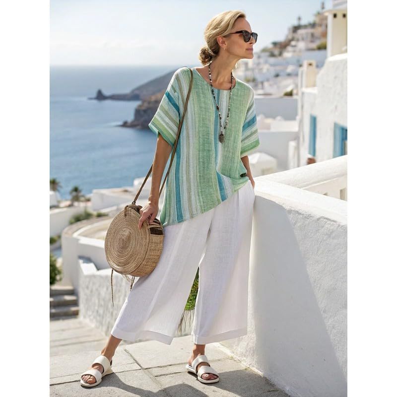 Bohemian Print Crewneck Short Sleeve Top and Pants Casual Set