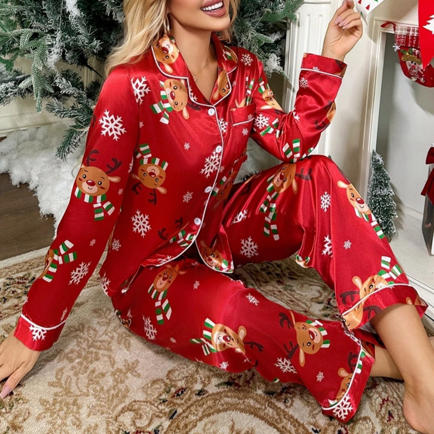 Women's Cuban Collar Christmas Reindeer Print Long Sleeve Shirt Set