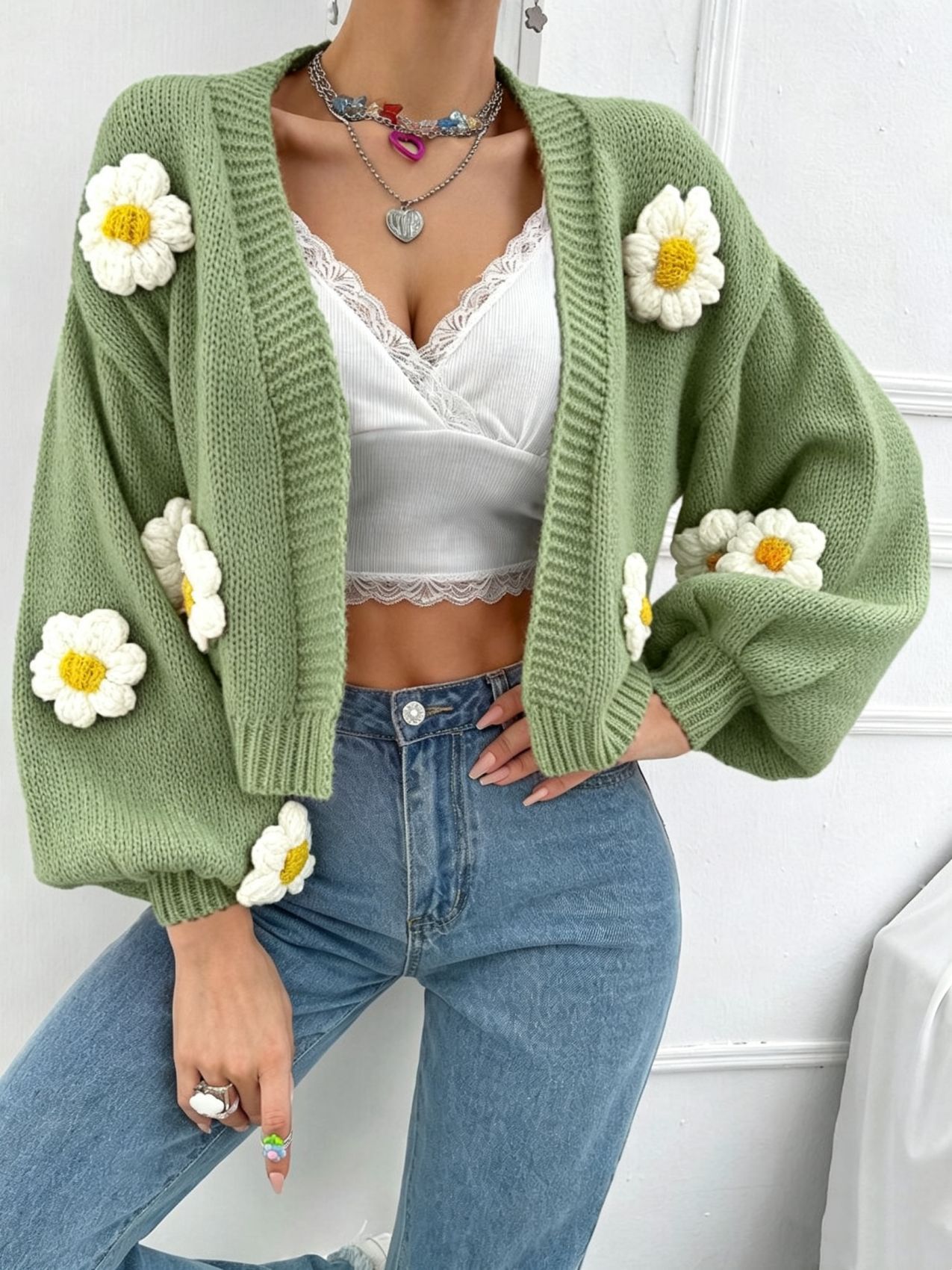 Women's Crochet Floral Spliced Button Cardigan Sweater