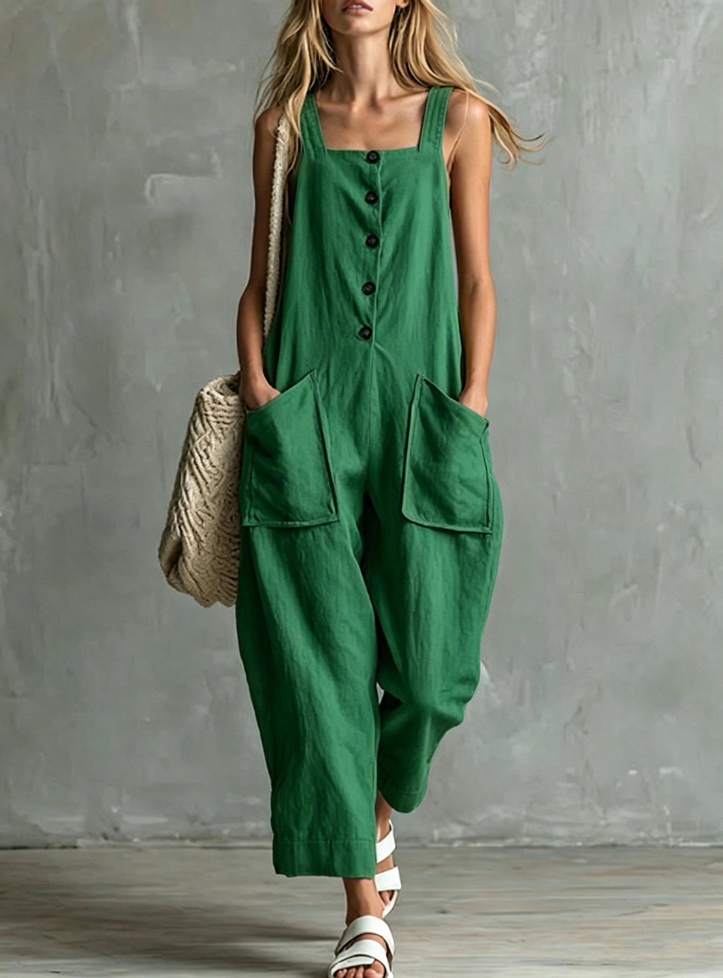 Women's Linen-Blend Wide-Leg Jumpsuit with Pockets