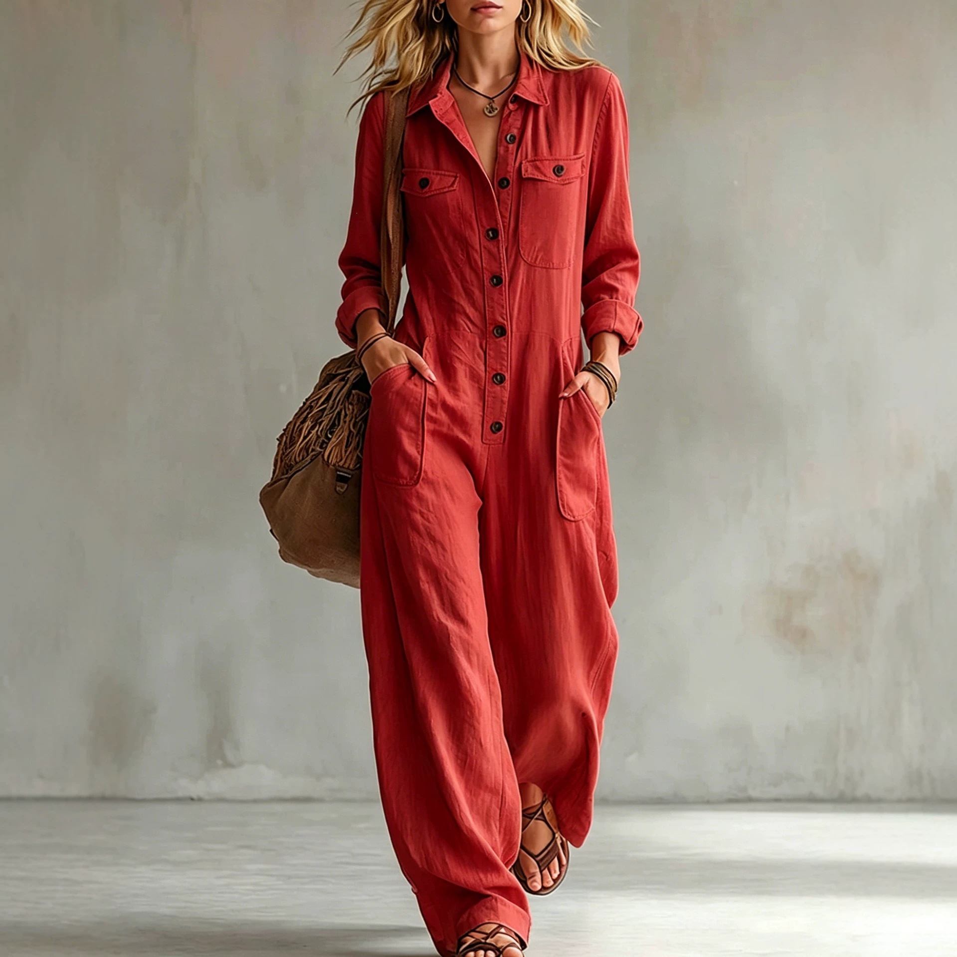 Women's Linen-Blend Cargo Jumpsuit with Collar Long Sleeve Wide Leg Loose Fit