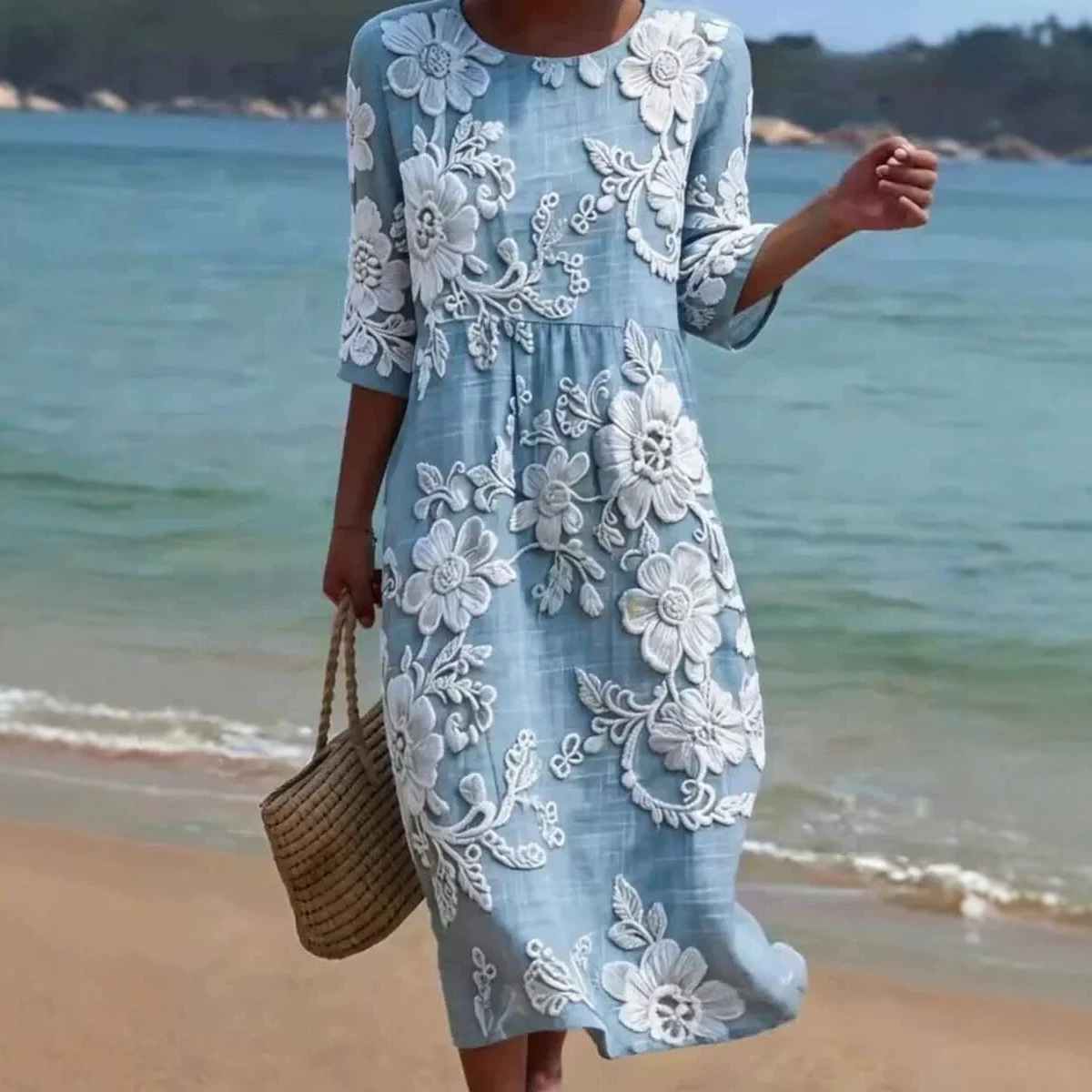 Women's Vintage Floral Print Ruched Midi Dress