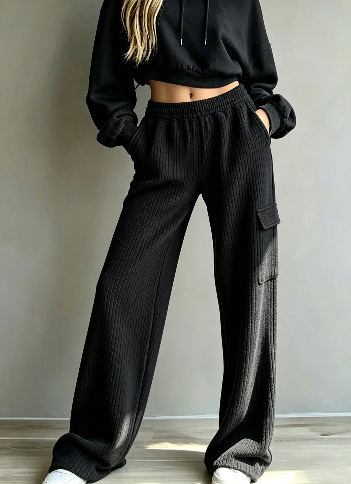 Vertical Ribbed Cargo Wide-Leg Sweatpants High-Waist Drawstring Side Pockets