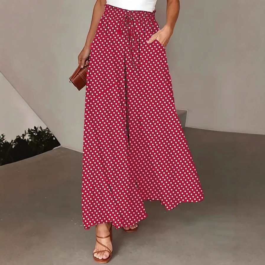 Bohemian Wide-Leg Tie-Waist Polka Dot Print Pants
