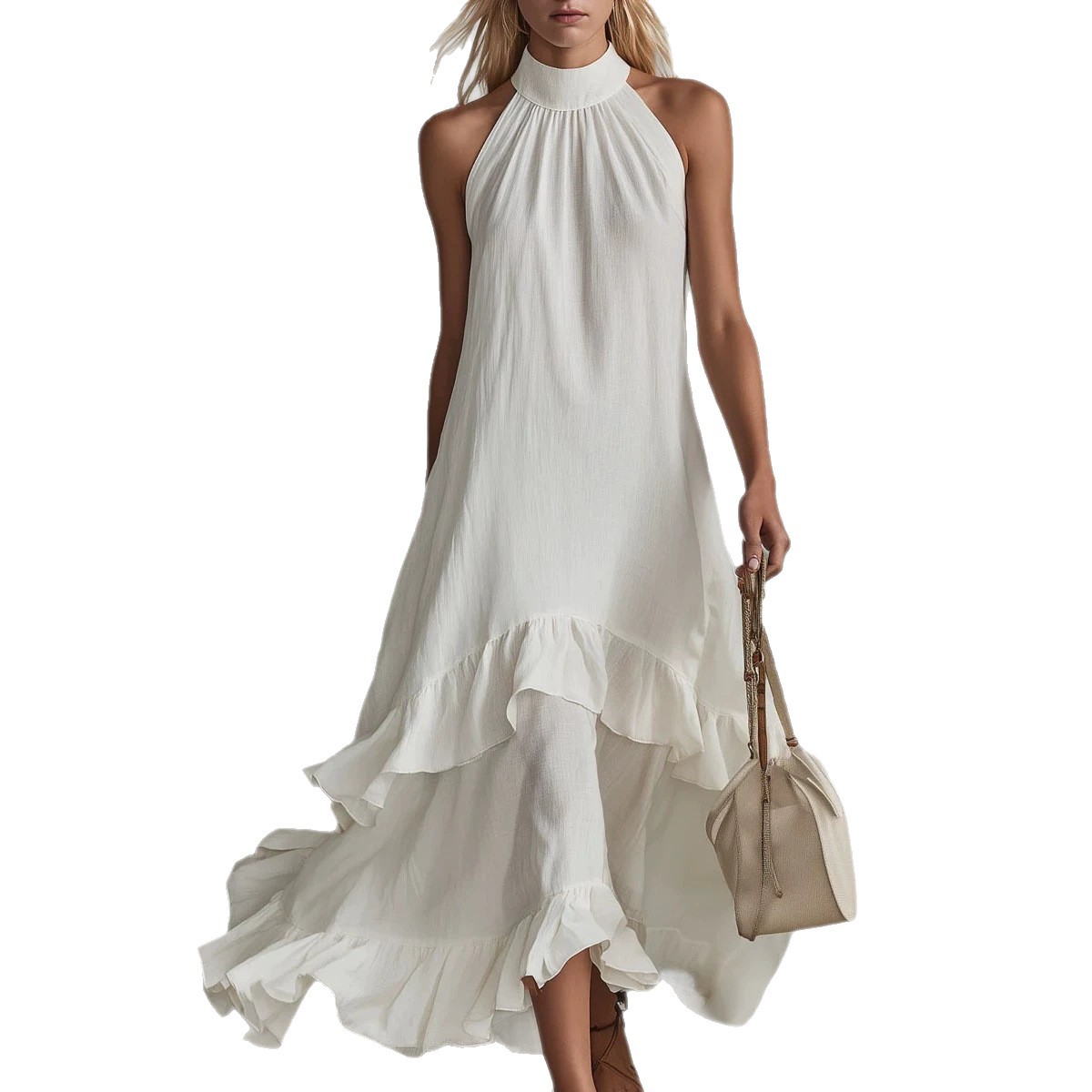 White Sleeveless Ruffle Midi Beach Dress