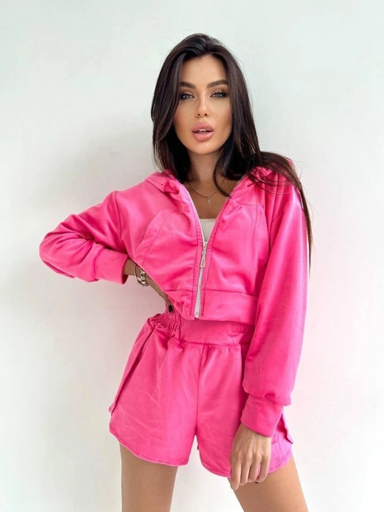 Women's Casual Long Sleeve Zip-Up Hooded Cardigan and Split Shorts Set