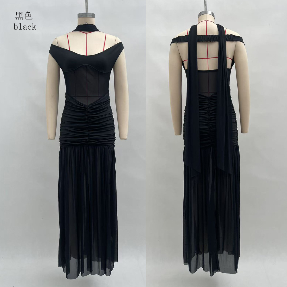 Women's Strapless Mesh Panel Ruched Slit Long Dress