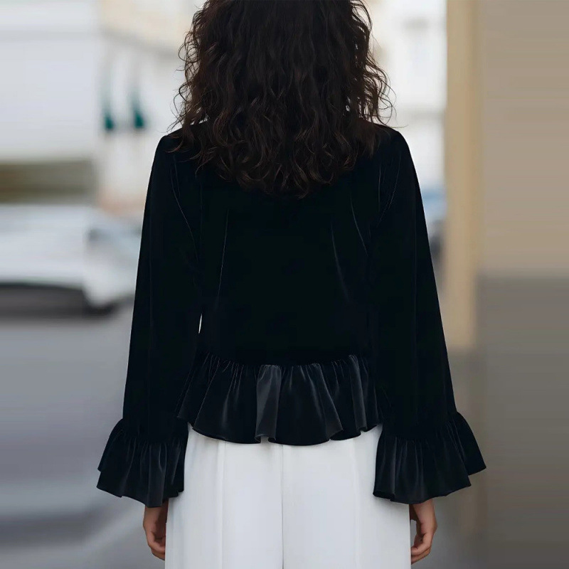 Women's Velvet Long-Sleeve Solid Round-Neck Ruffle Sweatshirt
