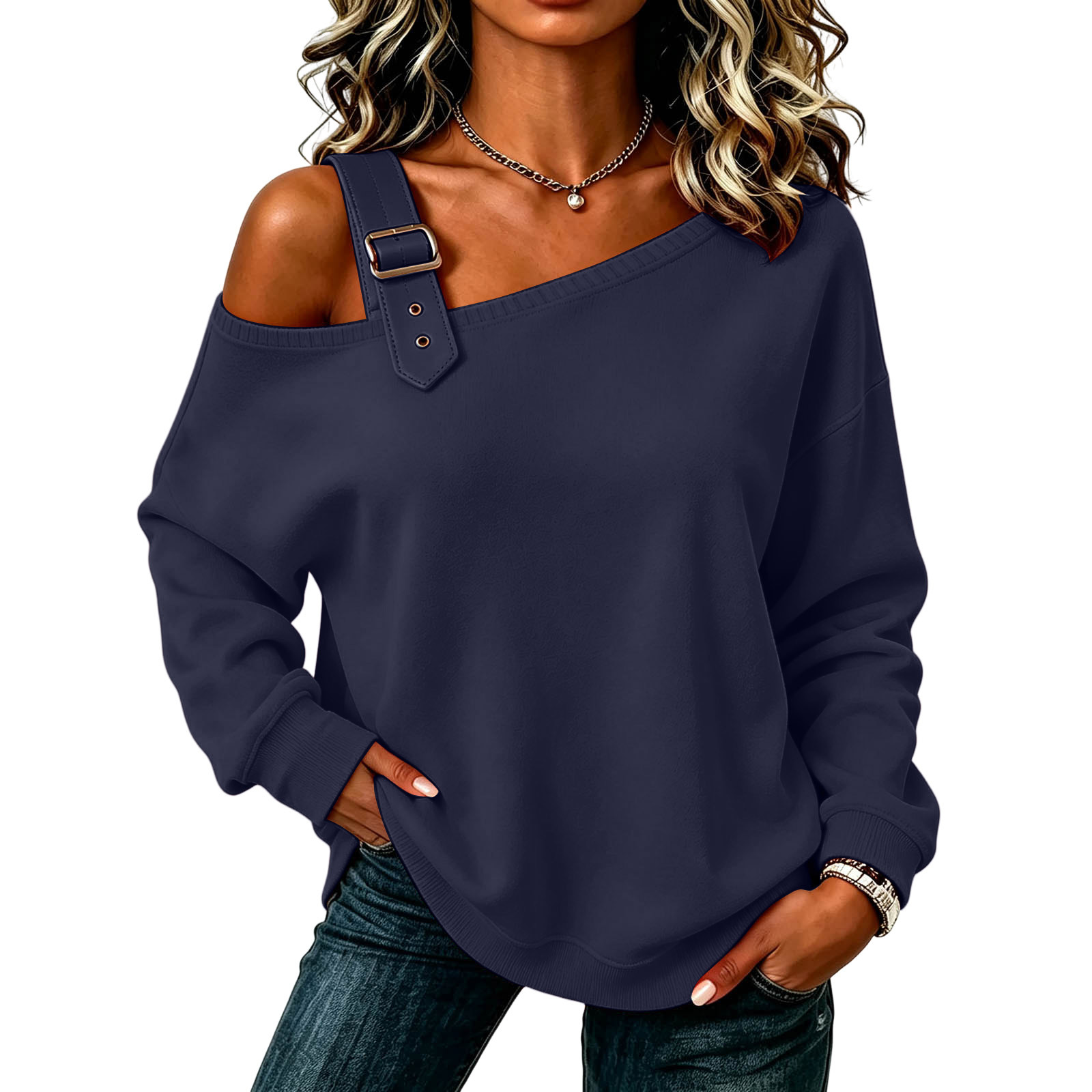 Solid Color Long Sleeve Off-Shoulder Button Hoodie