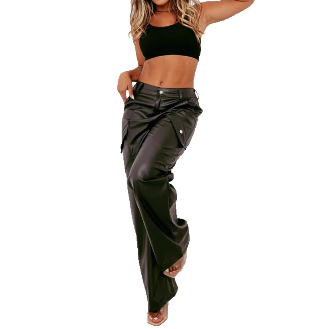 Women's PU Leather Straight-Leg Pants with Elastic Waist and Pockets