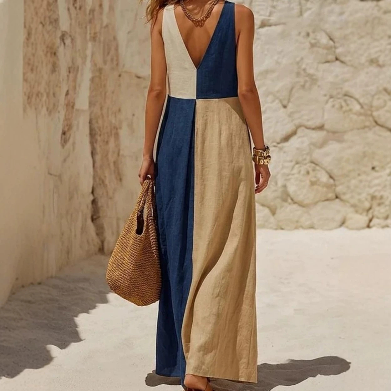 Women's Summer Loose Long Sleeveless V-Neck Colorblock Dress