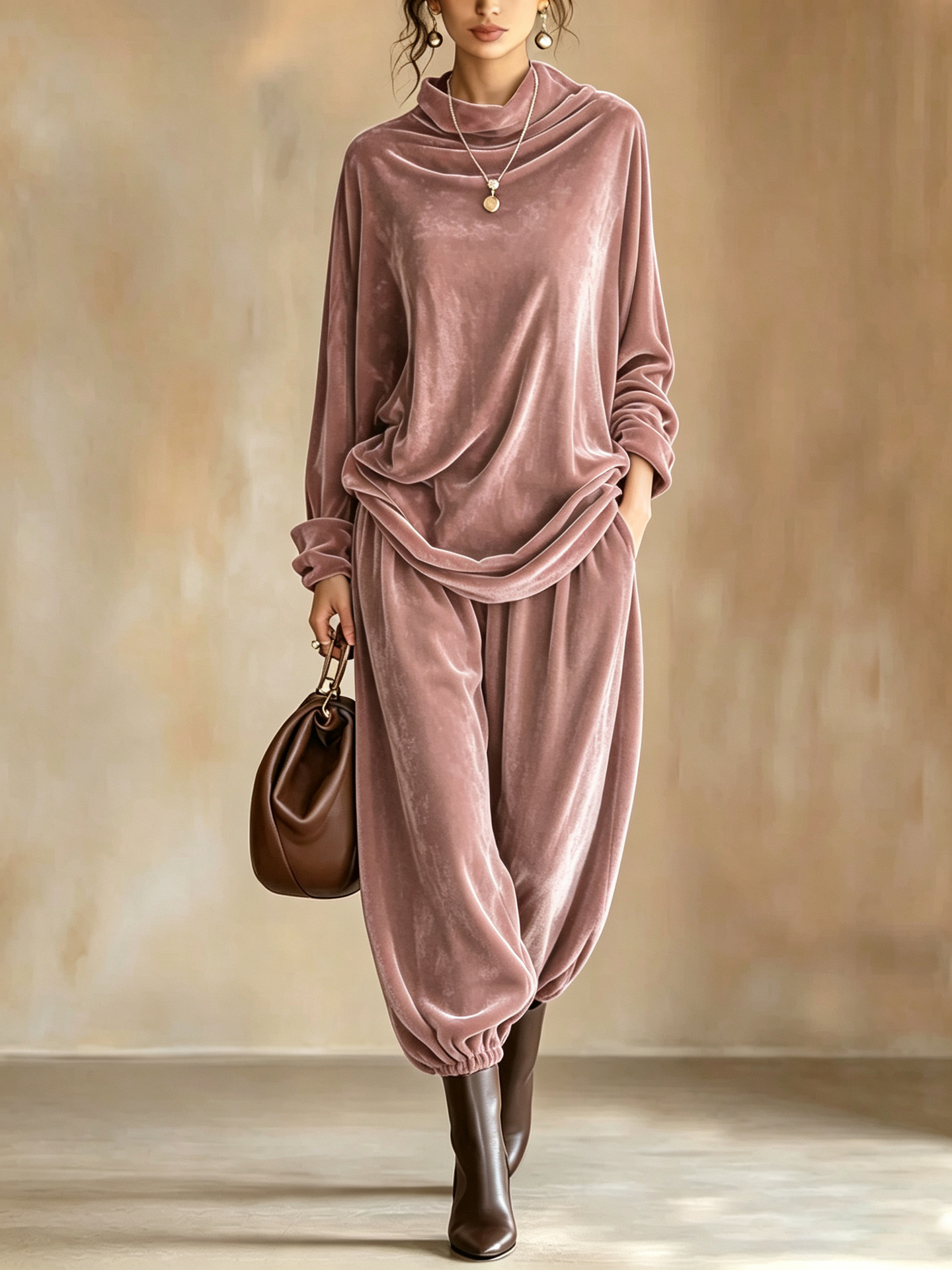 Women's Velvet Two-Piece Set with Cowl Neck Top and Harem Pants