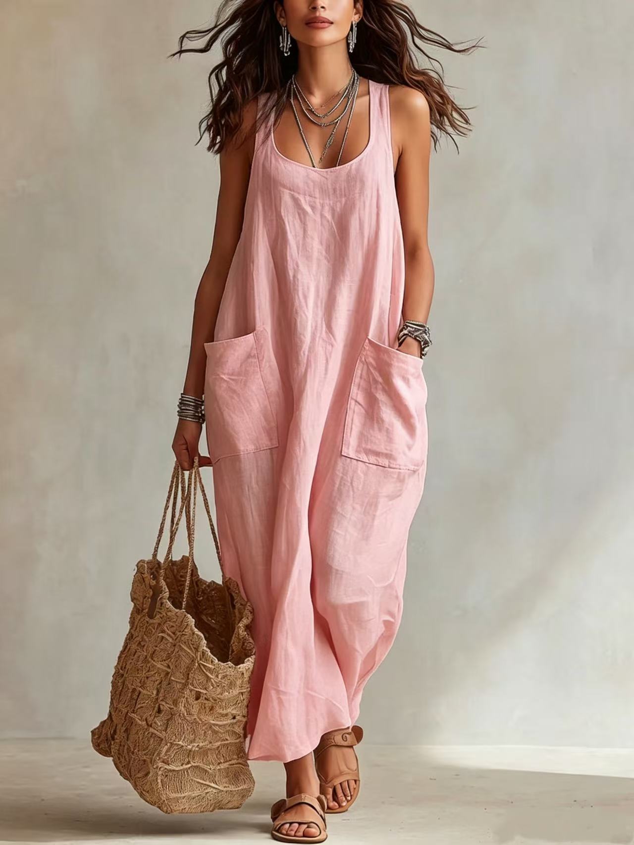 Women's Sleeveless Maxi Dress with Pockets Casual Solid Color