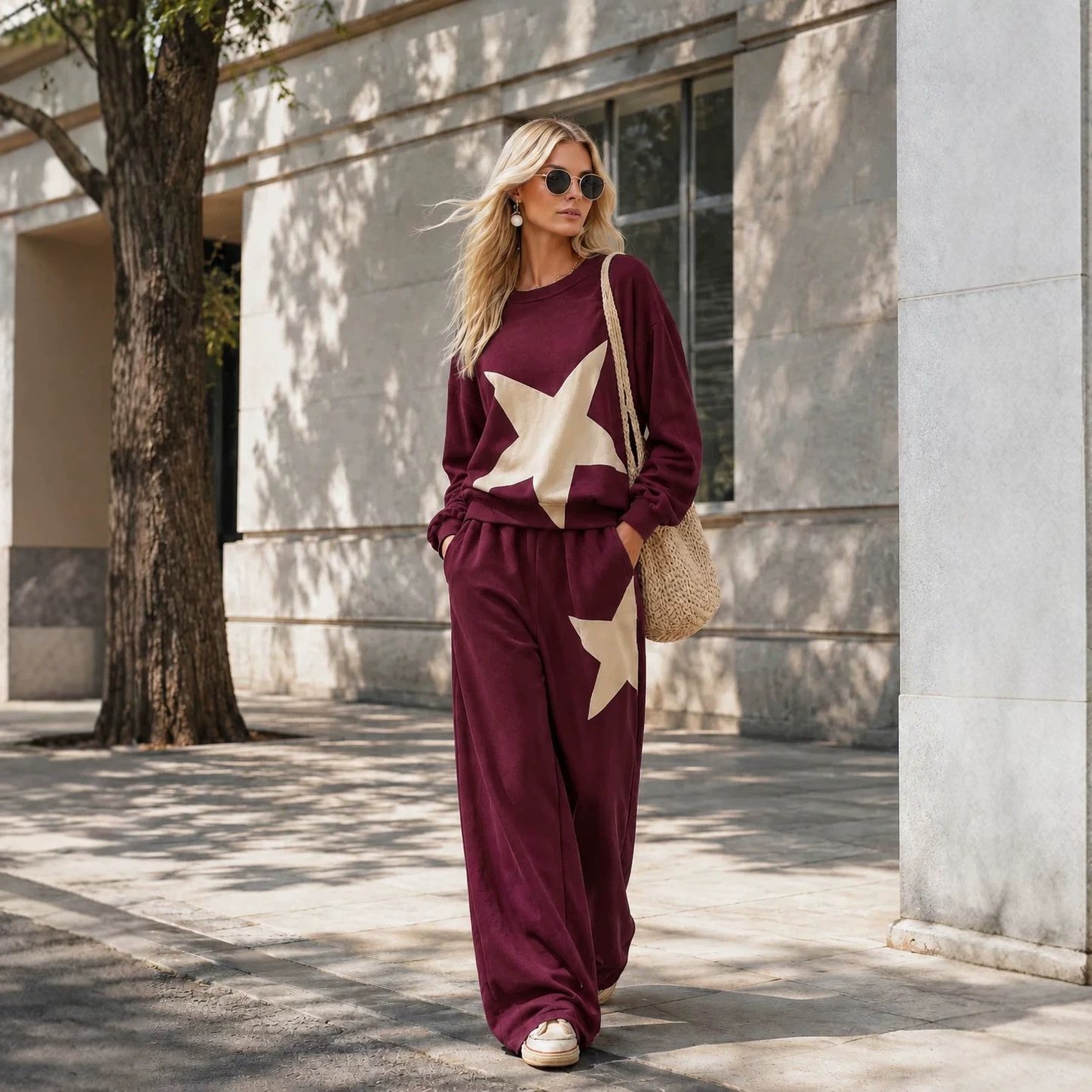 Women's Casual Loose Print Round Neck Two-Piece Set