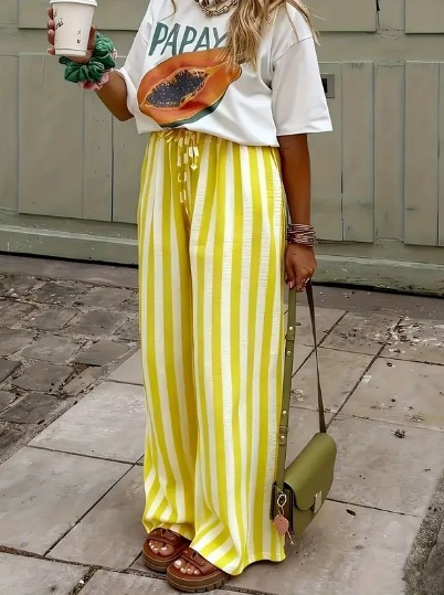 Women's Loose Straight-Leg Striped Print Pants Casual Colorblock