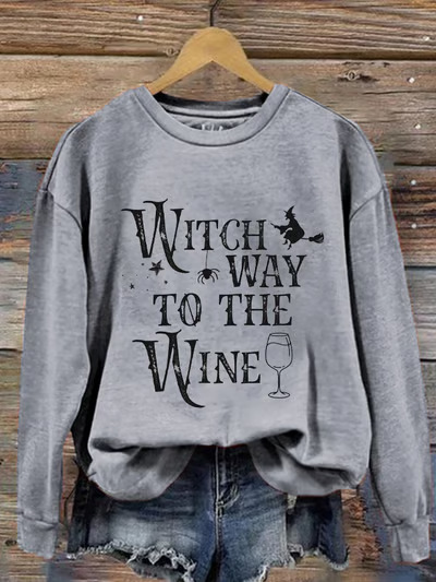 Women's Halloween Witch Wine Glass Print Crewneck Sweatshirt