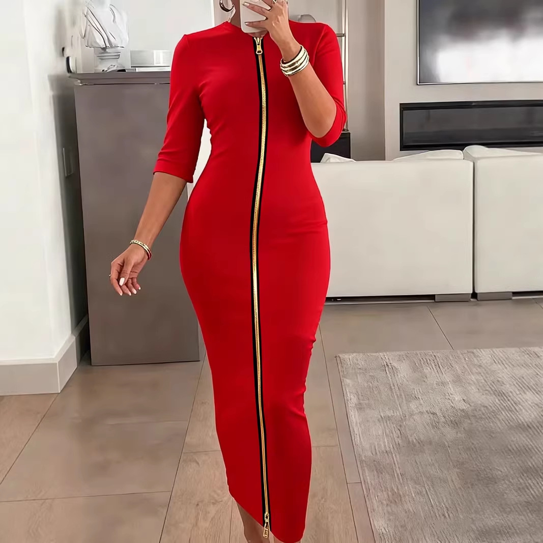 Women's Plus Size Bodycon Midi Dress with Zip and Mid Sleeves