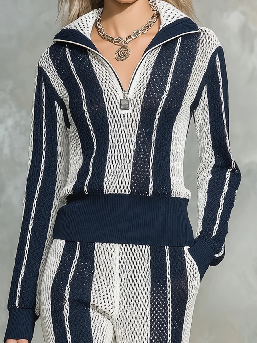 V-Neck Striped Hollow-Out Knit Shirt & Wide-Leg Pants Set