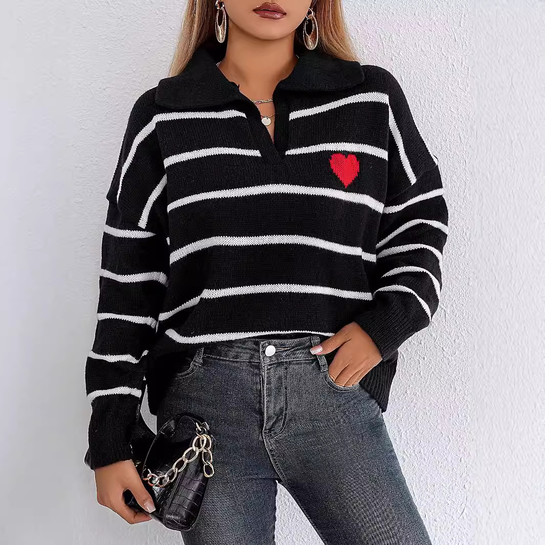 Women's Color-Block Striped Heart Polo Neck Sweater