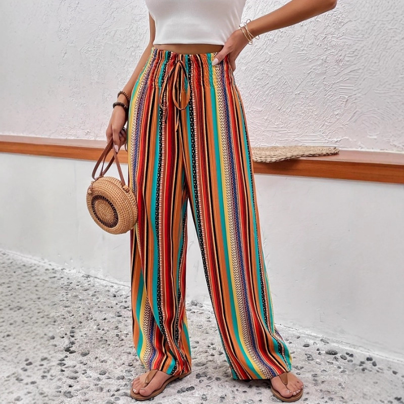 Women's Striped Wide-Leg Casual Pants with Elastic Waist