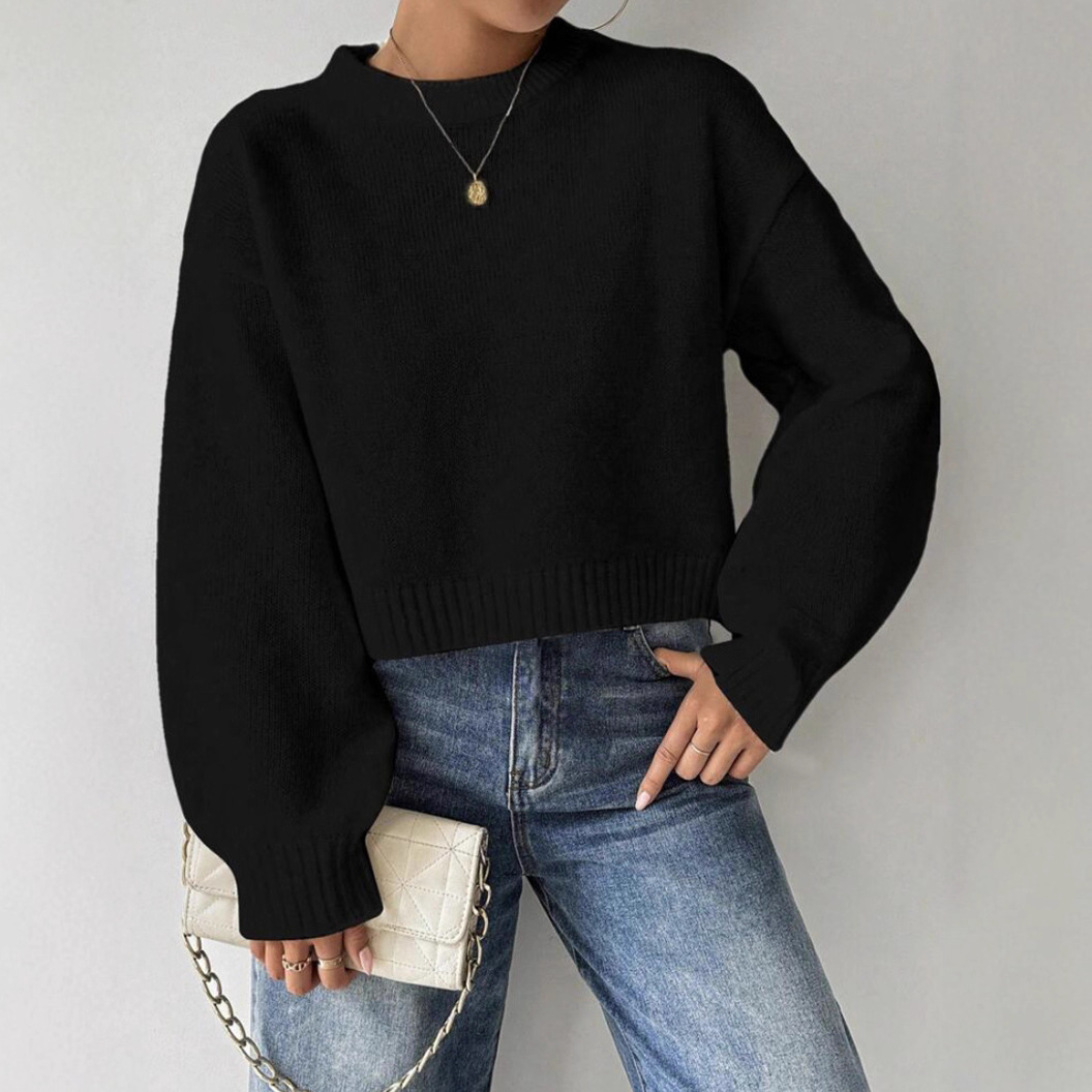 Women's Thick Short Crewneck Solid Color Sweater