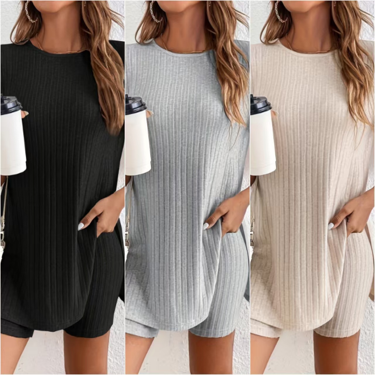 Women's Solid Color Round Neck Split Short Sleeve Shorts Loungewear Set