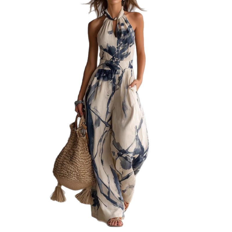 Women's Halter Neck Digital Print Backless Sleeveless Jumpsuit