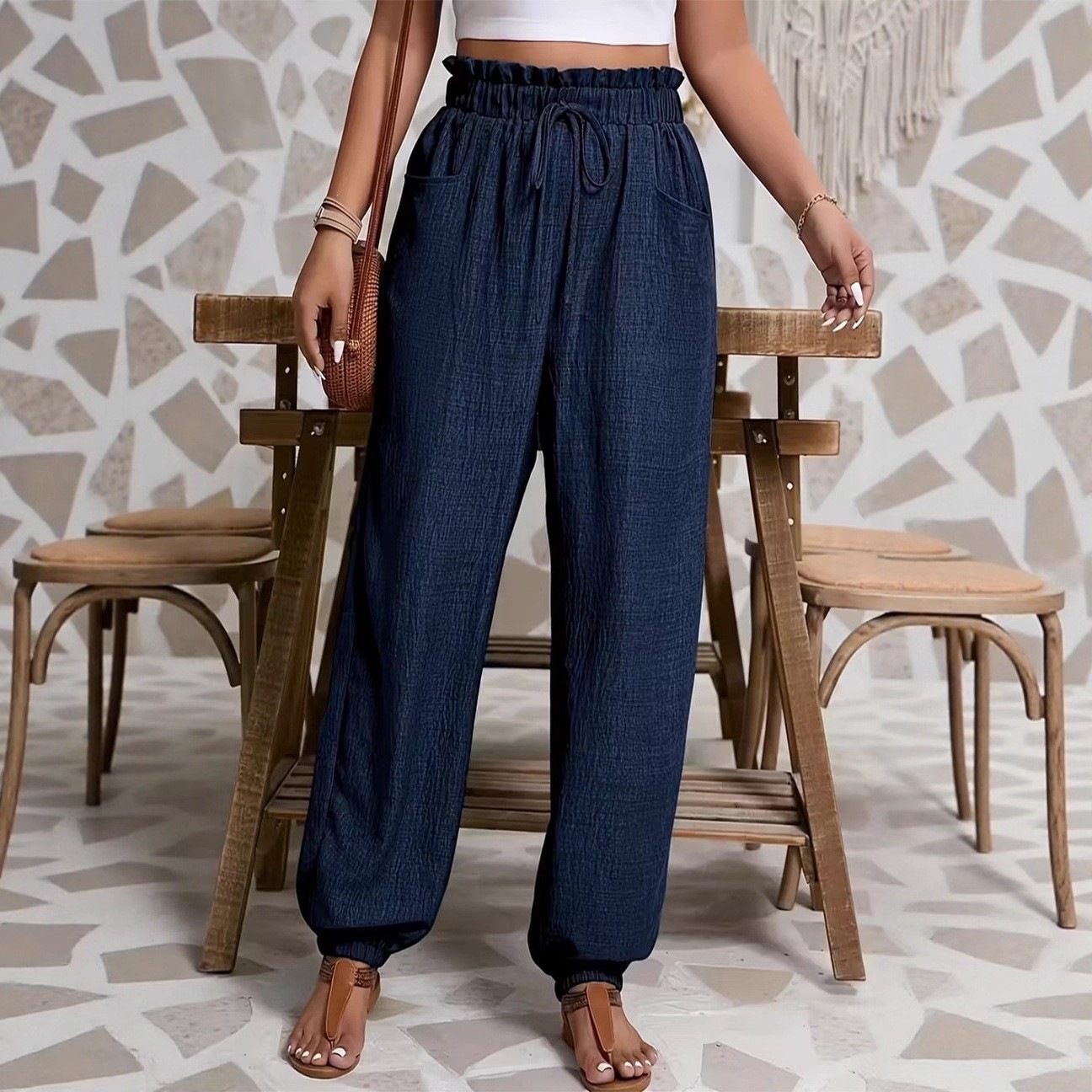 Solid Textured Lantern Pants with Ruffle Elastic Drawstring Waist and Dual Pockets