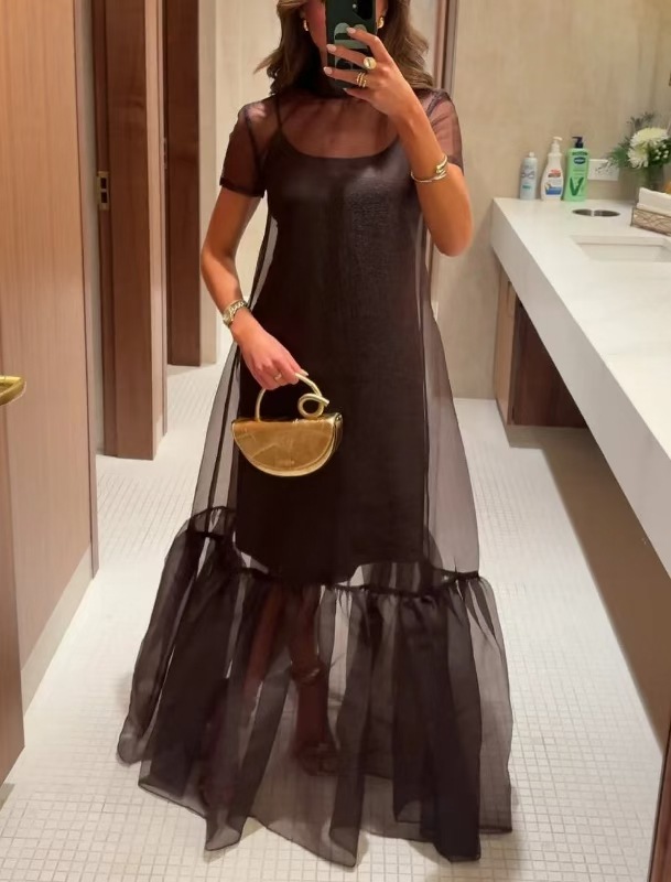 Printed Mesh Long Dress with Stand Collar Flowy Two-Piece Set