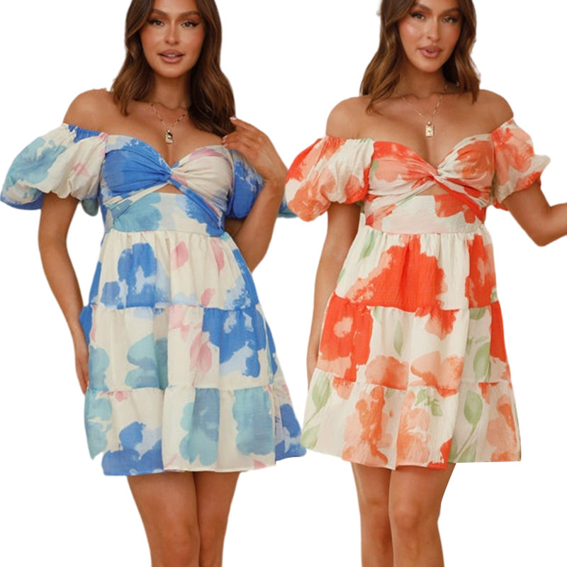Floral Print Cutout V-Neck Puff Sleeve High Waist Short Dress