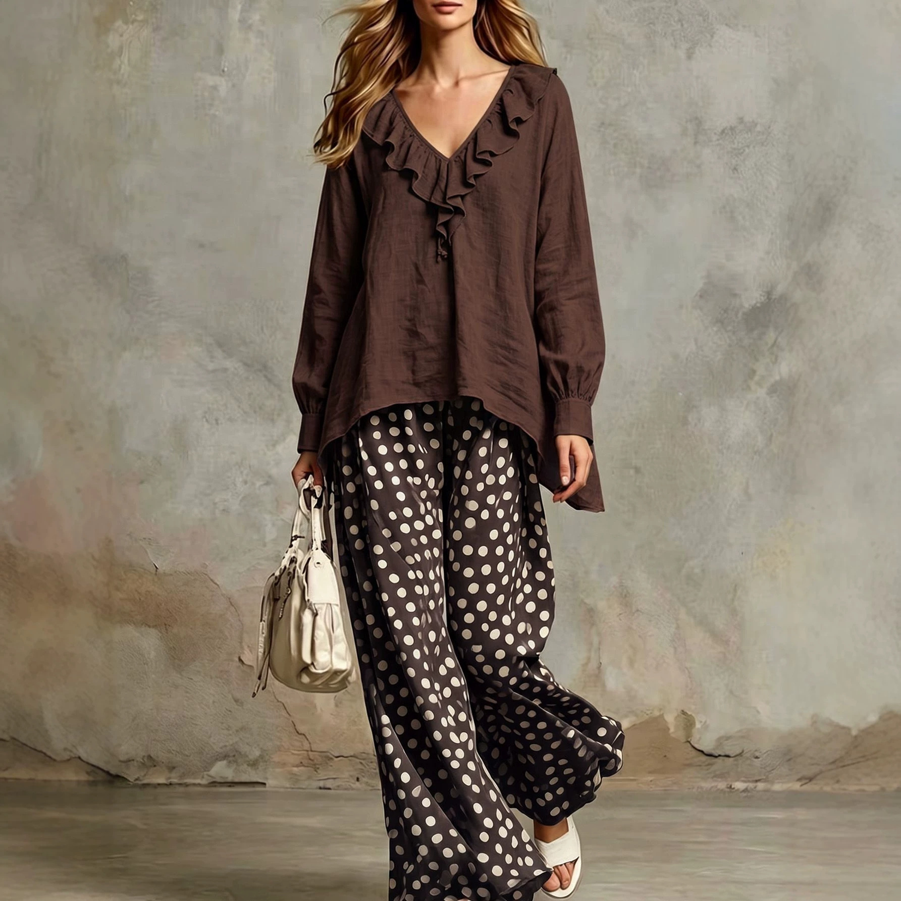 Ruffle V-Neck Long Sleeve Shirt and Pants Two-Piece Set