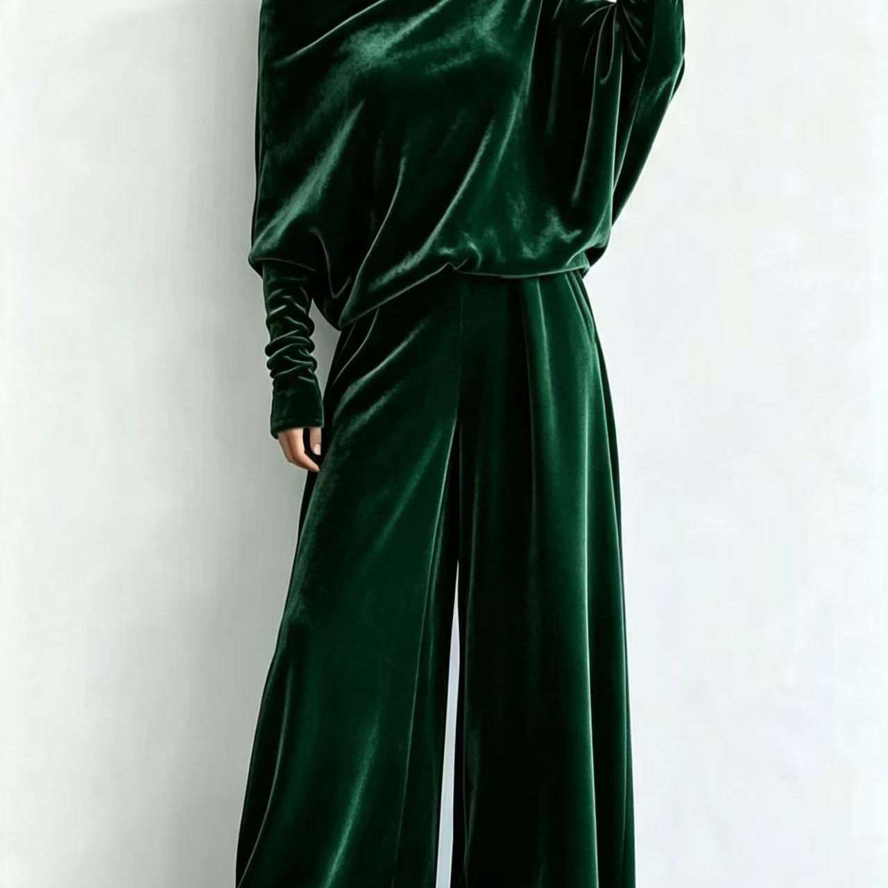 Velvet One-Shoulder Batwing Sleeve Top & High-Waist Wide-Leg Pants Set