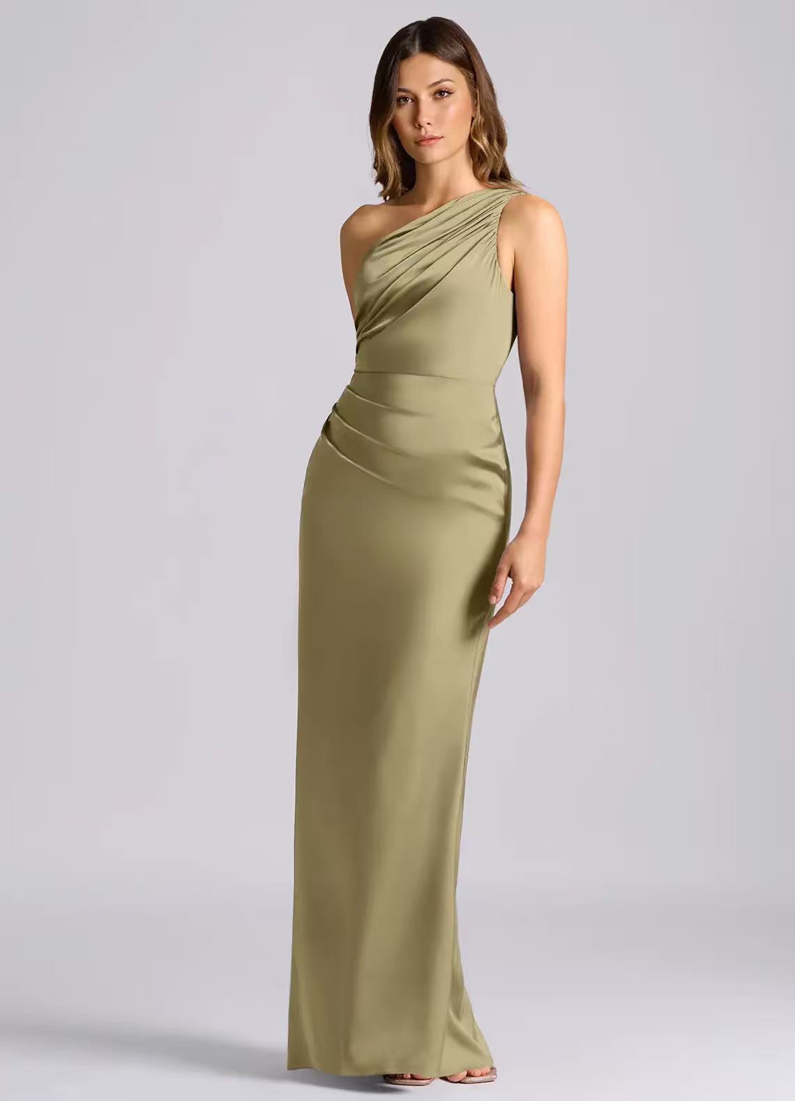 One-Shoulder Satin Evening Dress Asymmetric Long Gown