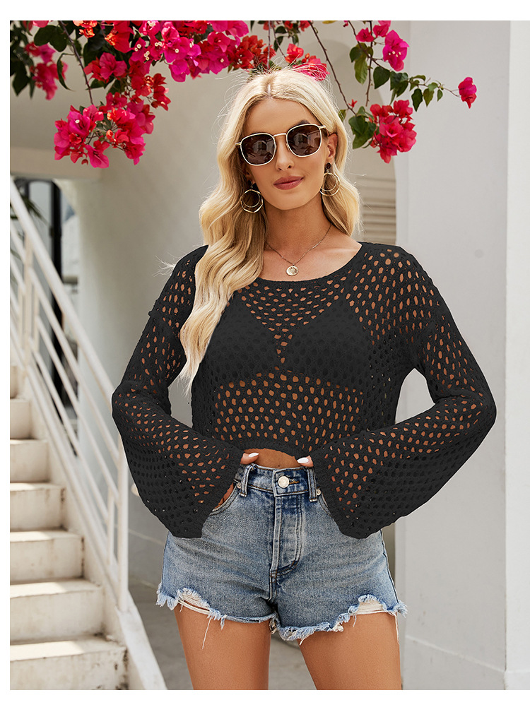 Women's Hollow Out Mesh Knit Crop Top Long Sleeve Sheer Cover-Up