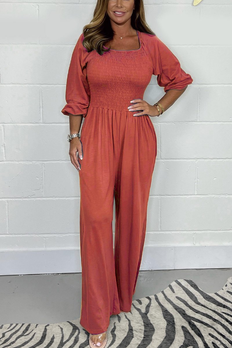 Women's Summer Casual Solid Color Smocked Jumpsuit
