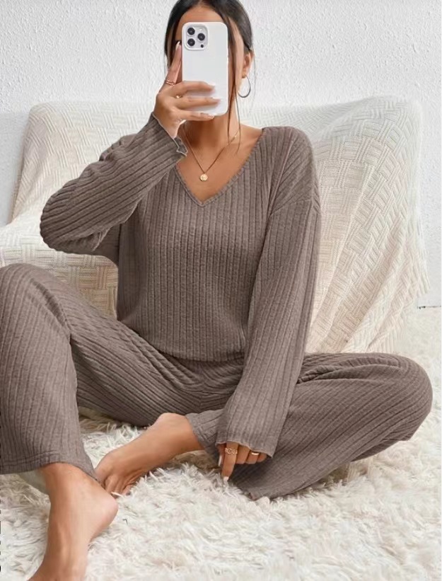 Women's Ribbed Brushed V-Neck Long Sleeve Loungewear Set