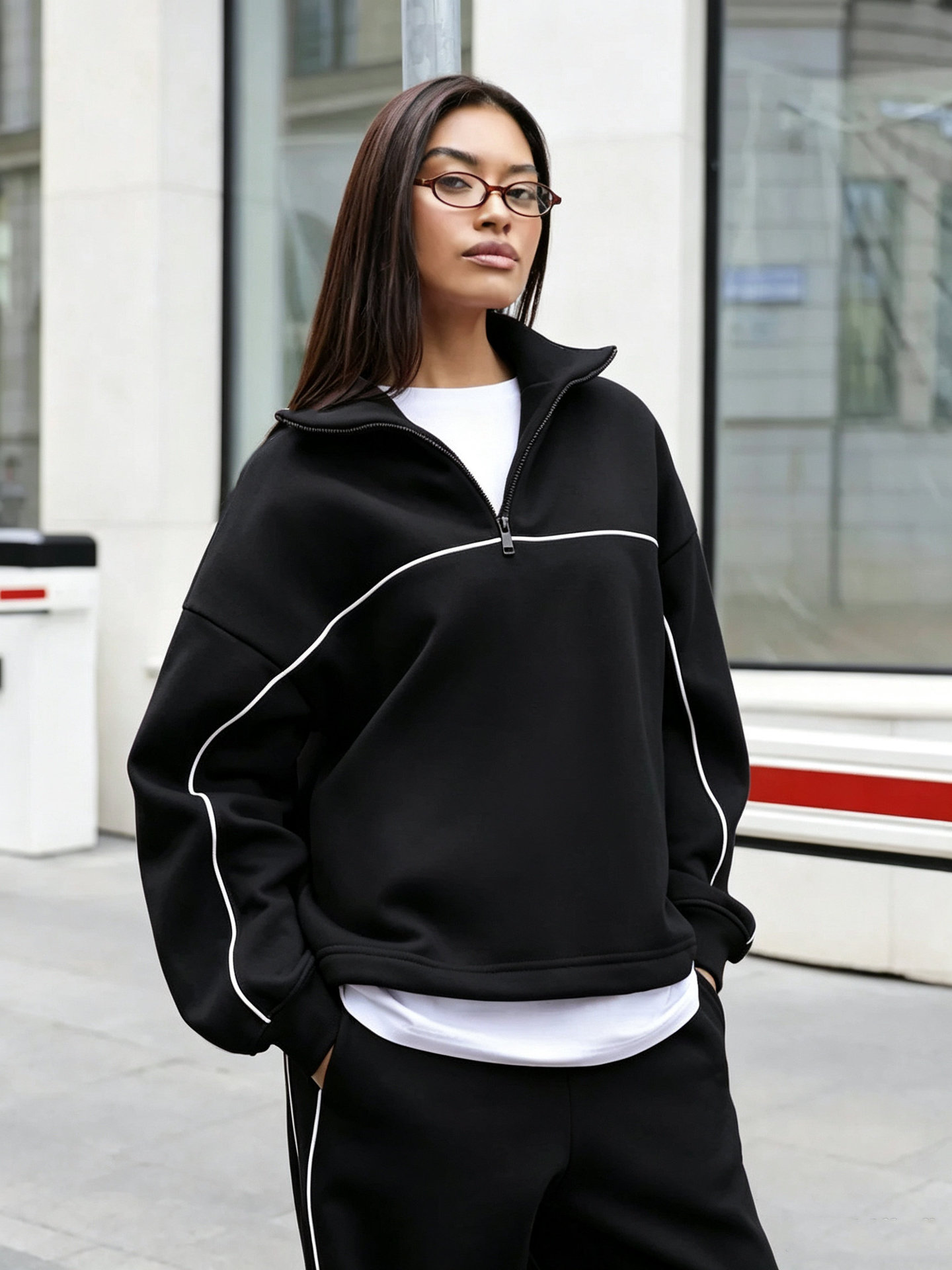 Women's Casual Solid Color Long Sleeve Half-Button Top and Elastic Waist Pants Two-Piece Set