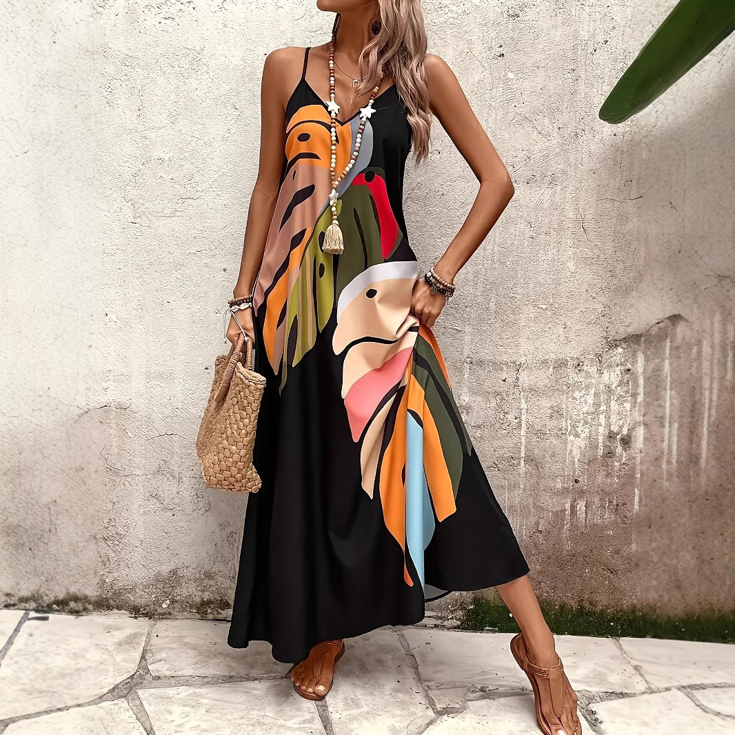 Women's Summer V-Neck Printed Sleeveless Maxi Dress