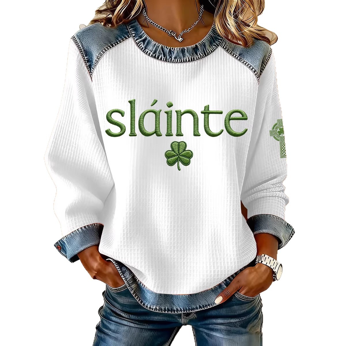 Women's Clover Print Waffle Knit Crewneck Sweatshirt